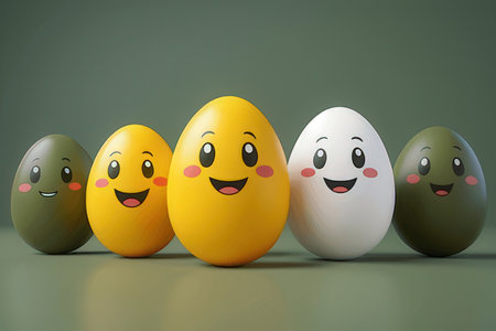 Easter eggs with happy faces on green background. 3d render