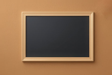 Blank blackboard on brown wall, 3d rendering. Computer digital drawing.の写真素材