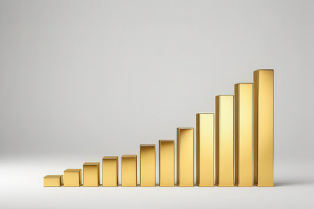 Golden bar graph on white background. 3d render. Growth concept