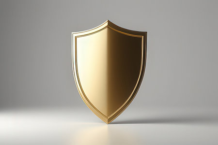 Golden shield isolated on gray background. 3d render. Security concept