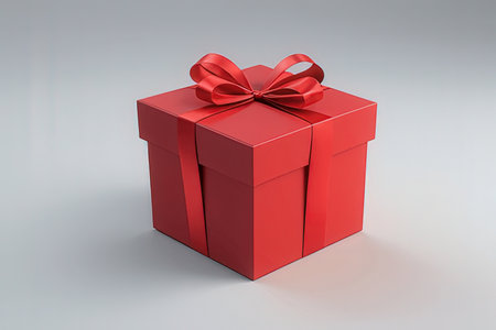 Red gift box with red ribbon on gray background. 3d render