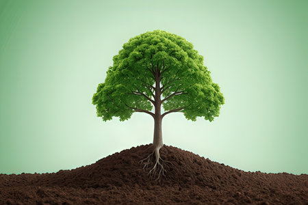 Conceptual image of green tree growing on soil with green background