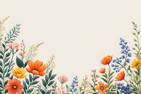 Floral background with flowers and leaves. Hand drawn watercolor illustration.の写真素材