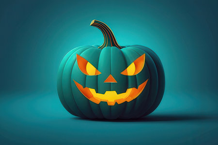 Halloween pumpkin on blue background. 3D illustration. Halloween concept.の写真素材