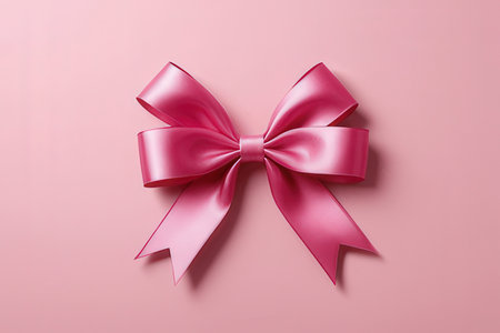 Pink satin ribbon bow on pink background. Top view with copy space