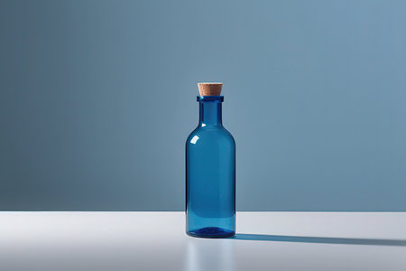 Blue glass bottle with cork on a white table and blue background