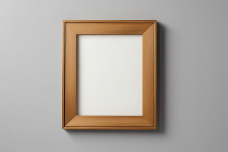 Wooden picture frame on a gray wall. 3d rendering.