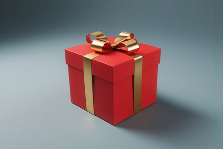Red gift box with golden bow on gray background. 3d render