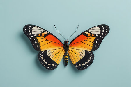 Butterfly isolated on blue background. Flat lay, top view.