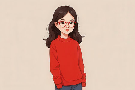Young asian woman in red sweater and glasses. Vector illustration.