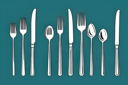 Illustration of a set of cutlery on a green backgroundの写真素材