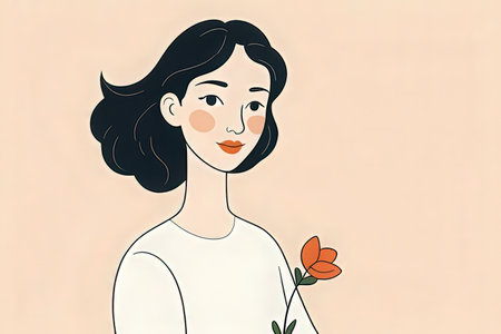 Vector illustration of a young woman with a rose in her hand.の写真素材