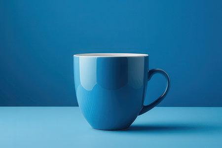 Blue ceramic mug on blue background. 3d render illustration. Studio shot