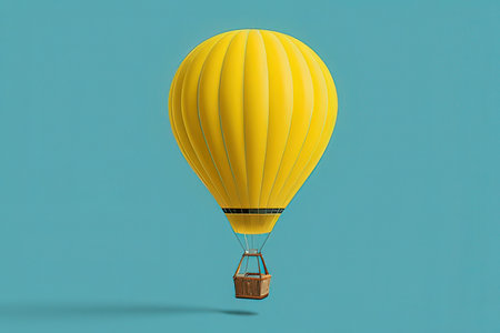 Yellow hot air balloon with basket on blue background. 3D renderingの写真素材