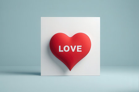 3d rendering of red heart with love text on white paper sheet