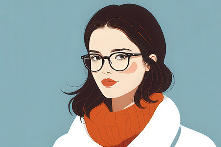 Portrait of a beautiful woman in glasses and a scarf. Vector illustration.