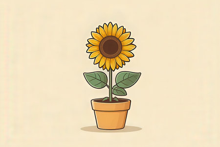 Illustration of sunflower in a pot on a beige backgroundの写真素材