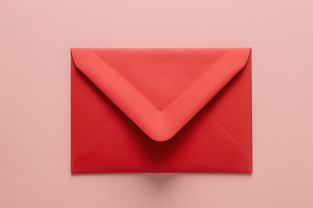 Top view of red envelope isolated on pink background with copy space.の写真素材