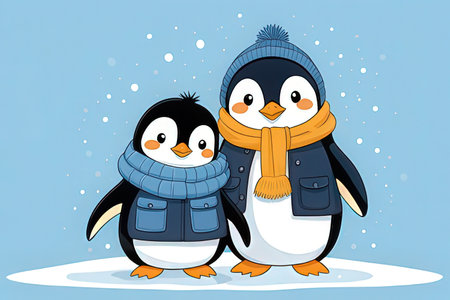 Two penguins in winter clothes on the ice. Vector illustration.の写真素材