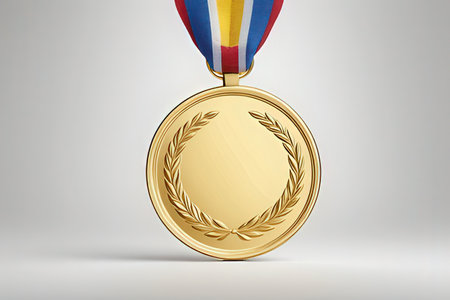 Gold medal with a ribbon of blue, yellow, red and white on a gray background. 3D renderingの写真素材