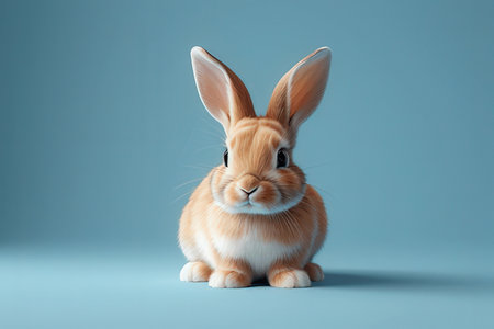 Cute red easter bunny on blue background. Studio shot.の写真素材