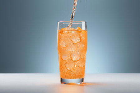 Orange juice pouring into a glass with ice cubes on a blue backgroundの写真素材