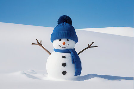 Snowman in a blue hat and scarf on a white snow backgroundの写真素材