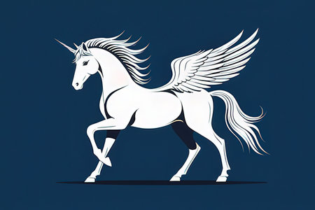 Unicorn with wings isolated on blue background. Vector illustration.の写真素材