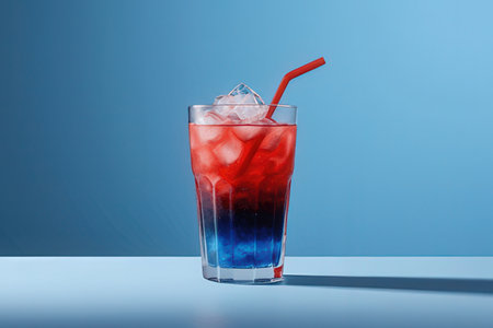 Blue and red cocktail with ice cubes and straw on blue background.の写真素材