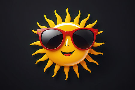 Smiling sun wearing sunglasses isolated on black background. 3d illustrationの写真素材