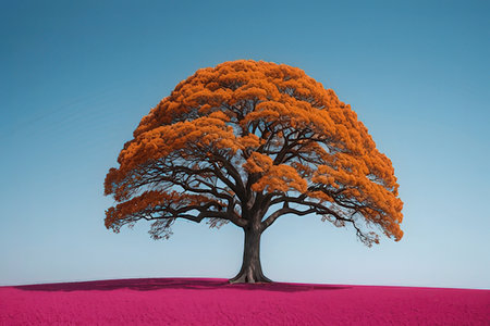 Tree in the pink field with blue sky background. 3d renderの写真素材