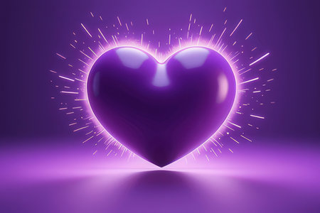 Purple heart with rays of light on a purple background. 3d renderingの写真素材