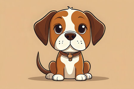 Illustration of a cute cartoon dog with a collar on a brown backgroundの写真素材