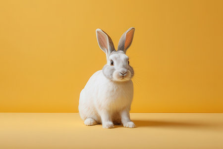 Cute white rabbit on yellow background. Easter concept. Copy space.の写真素材