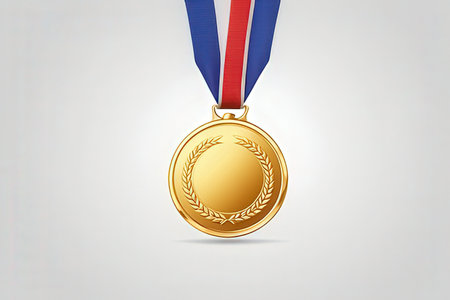 Gold medal with ribbons on a gray background. Vector illustration.の写真素材