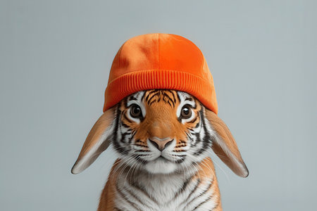 Cute tiger wearing orange hat isolated on gray background. Studio shot.