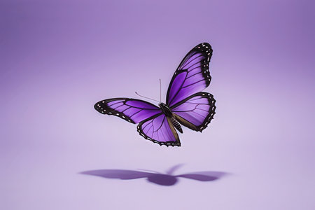 Purple butterfly on purple background. 3D render. Copy space.の写真素材