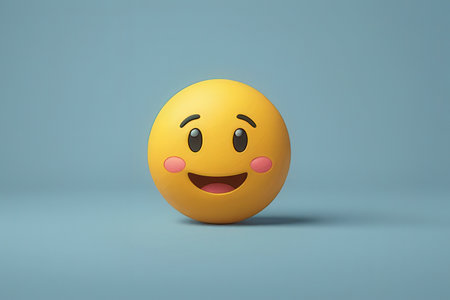 Smiling yellow emoticon on a blue background. 3d renderingの写真素材