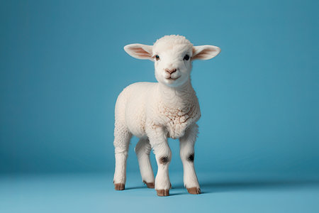 Cute white lamb on blue background with copy space for your textの写真素材