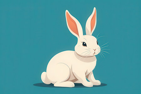 White rabbit sitting on blue background. Vector illustration in cartoon style.の写真素材