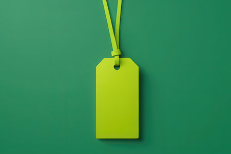 Blank price tag on green background. 3d illustration. Top view.の写真素材