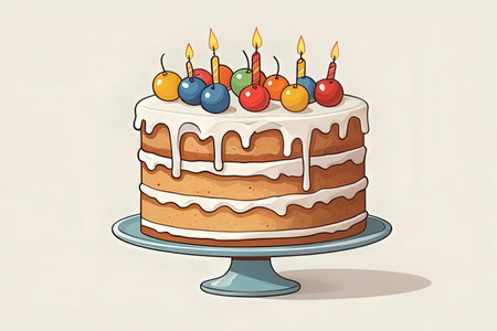 Illustration of a birthday cake with candles on a white background.