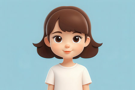 3d illustration of a cute little girl with long hair on blue backgroundの写真素材