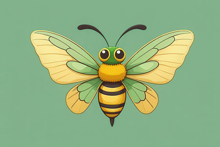 Illustration of a cartoon bee on a green background with space for textの写真素材