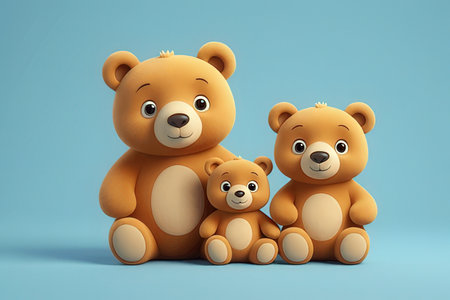3d rendering of teddy bear family on blue background with shadowの写真素材