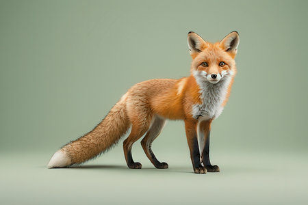 Cute red fox standing on a green background, 3d render