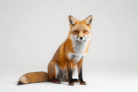 Red fox sitting and looking at camera on white background. Studio shot.