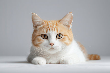Cute red cat lying on white background, isolated on gray backgroundの写真素材