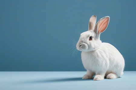 Cute white rabbit on blue background. Easter concept. Copy space.の写真素材