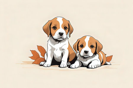 Two beagle puppies sitting on the floor with autumn leaves. Vector illustration.